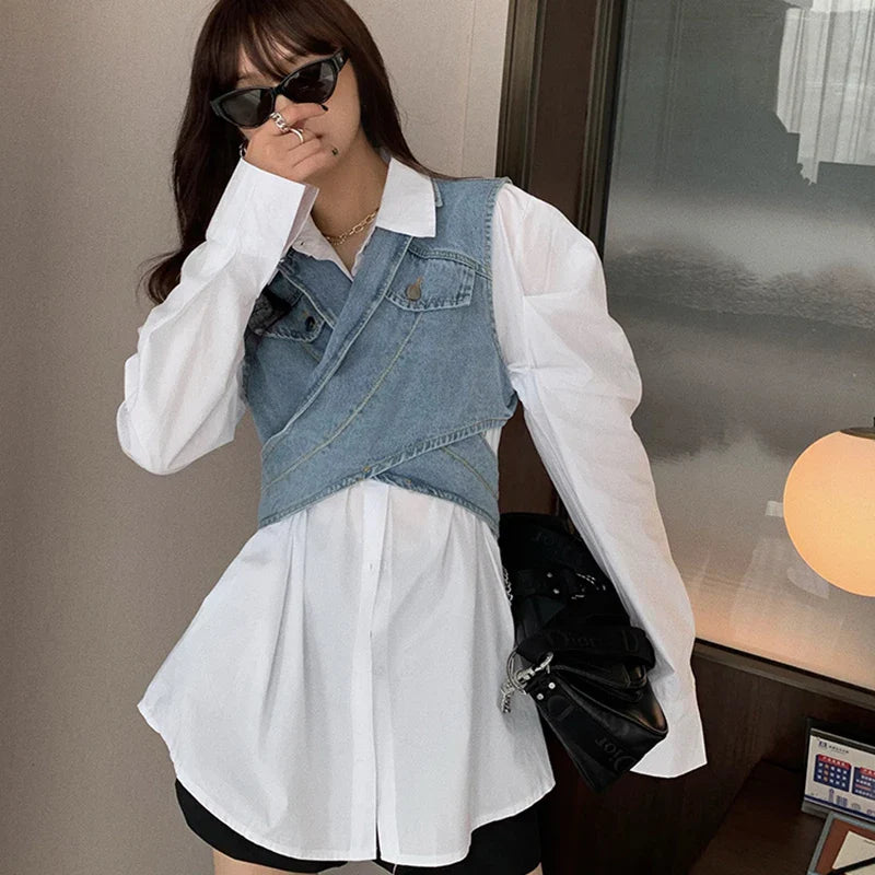 Elegant Two Piece Set Lapel Puff Sleeve Shirt Sleeveless - Vusy Kawaii Shop