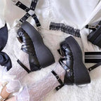 Japanese Gothic Punk Style Rivet Shoes Vintage Round Head Thick Bottom Women Shoes Cross Bandage Dark Shoes Loli Cosplay