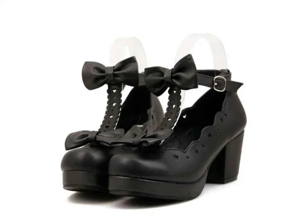 Lolita Heavy-Bottomed 3 Color Girl Shoes Princess Bowknot Kawaii Woman JK Uniform Shoes Loli Round Head Sweet Middle Heel Shoes
