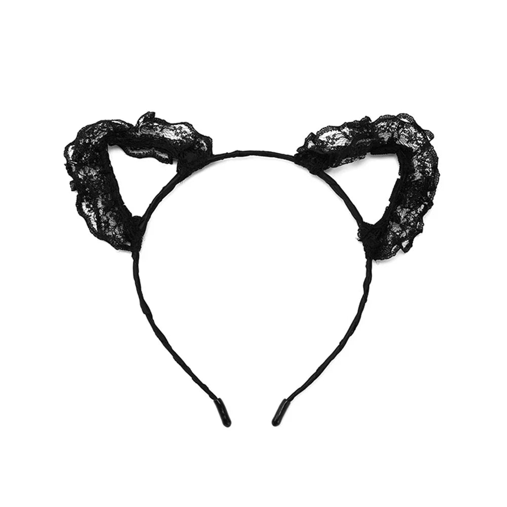 Black lace headband with folded pointed cat ears, front view