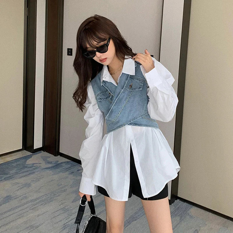 Elegant Two Piece Set Lapel Puff Sleeve Shirt Sleeveless - Vusy Kawaii Shop