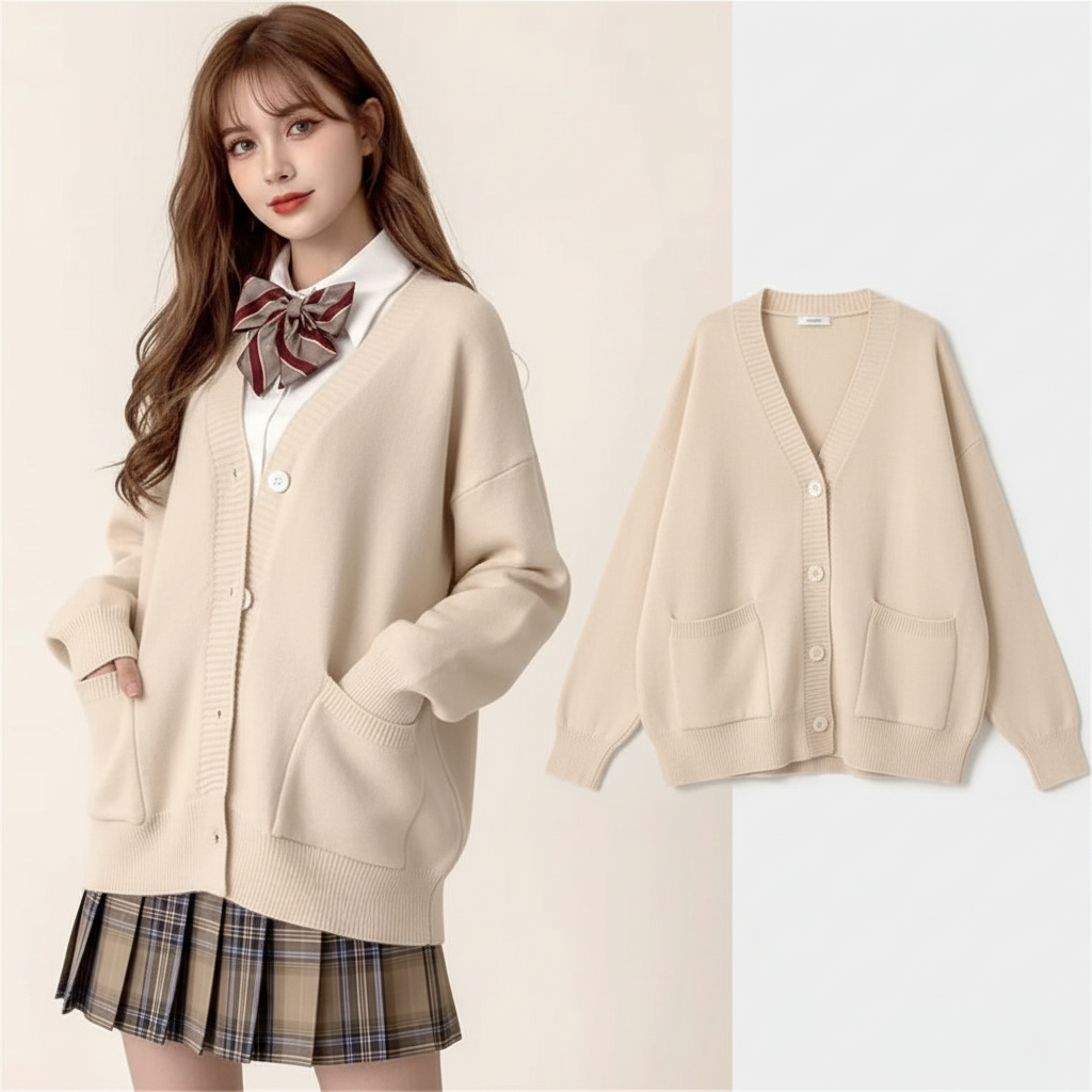 Cardigan Femme Uni Ample Oversize Pull Étudiant Preppy