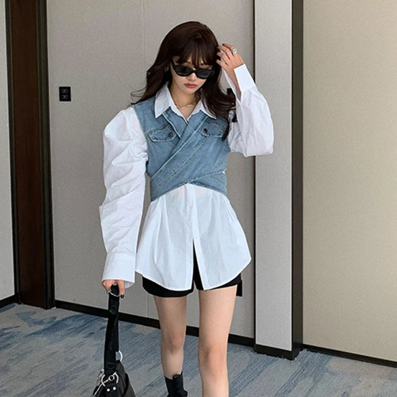Elegant Two Piece Set Lapel Puff Sleeve Shirt Sleeveless - Vusy Kawaii Shop