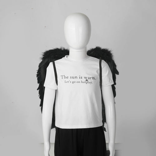 Black feather angel wings worn by mannequin, front wearing view