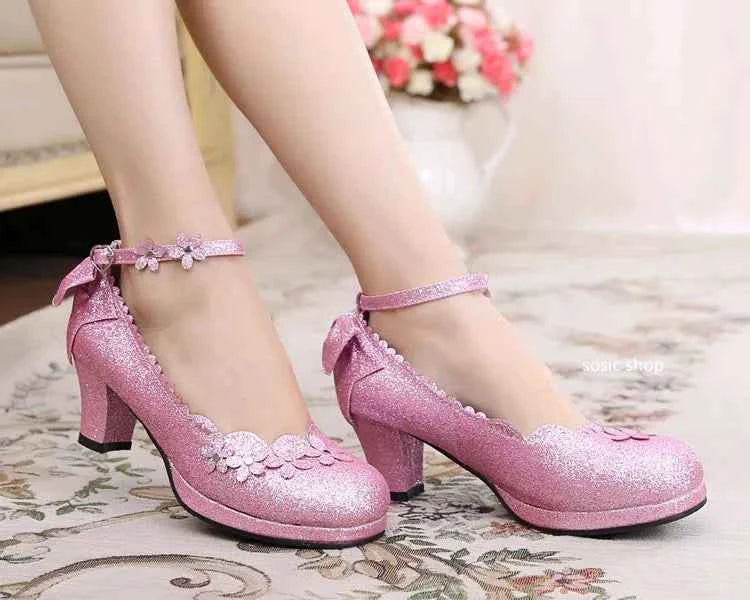 lolita Japanese jk petal bow tea party sweet and cute high heel women's shoes Princess Kawaii Girl Women Vintage Sweet Lolita