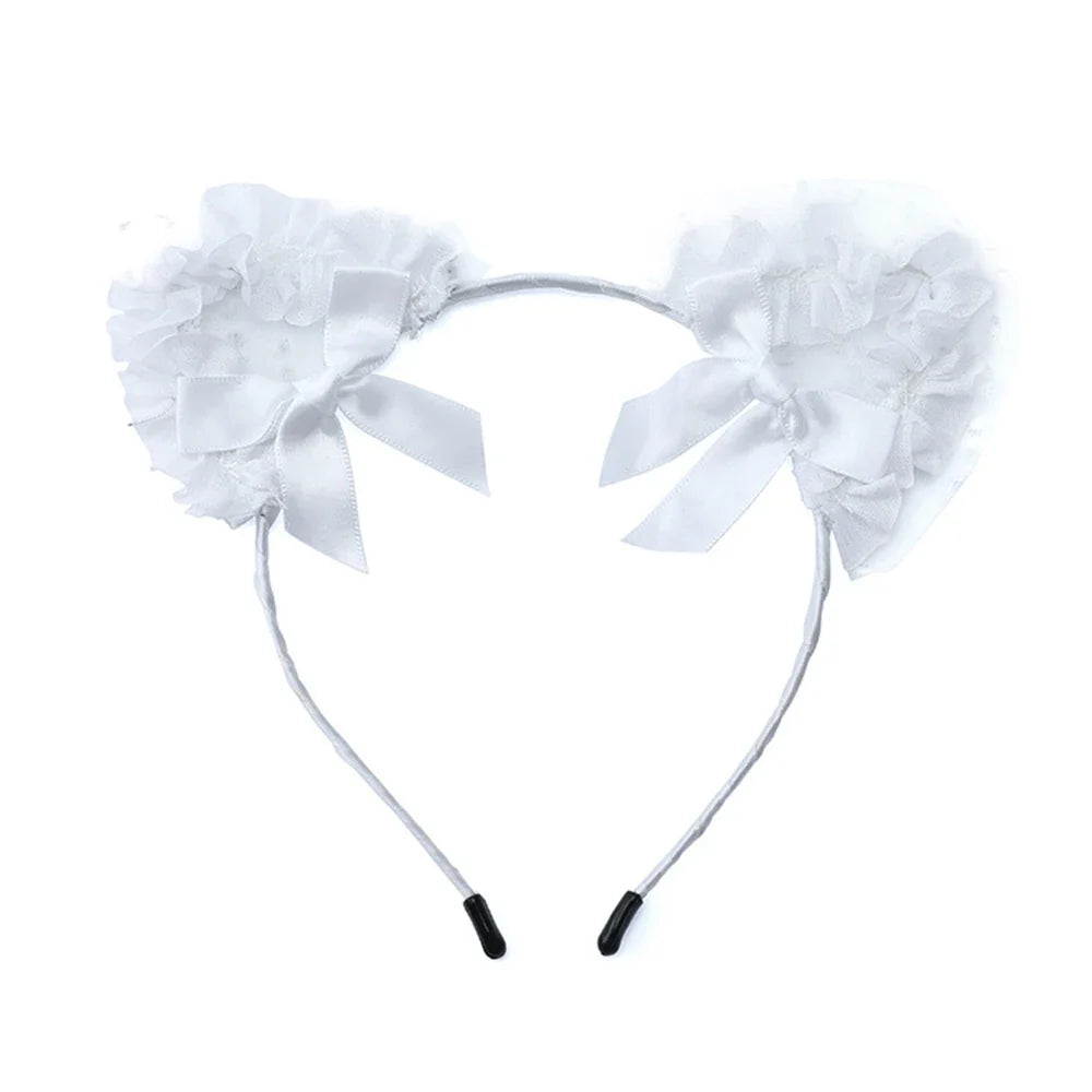 White ruffled lace cat ear headband with satin bows, front view