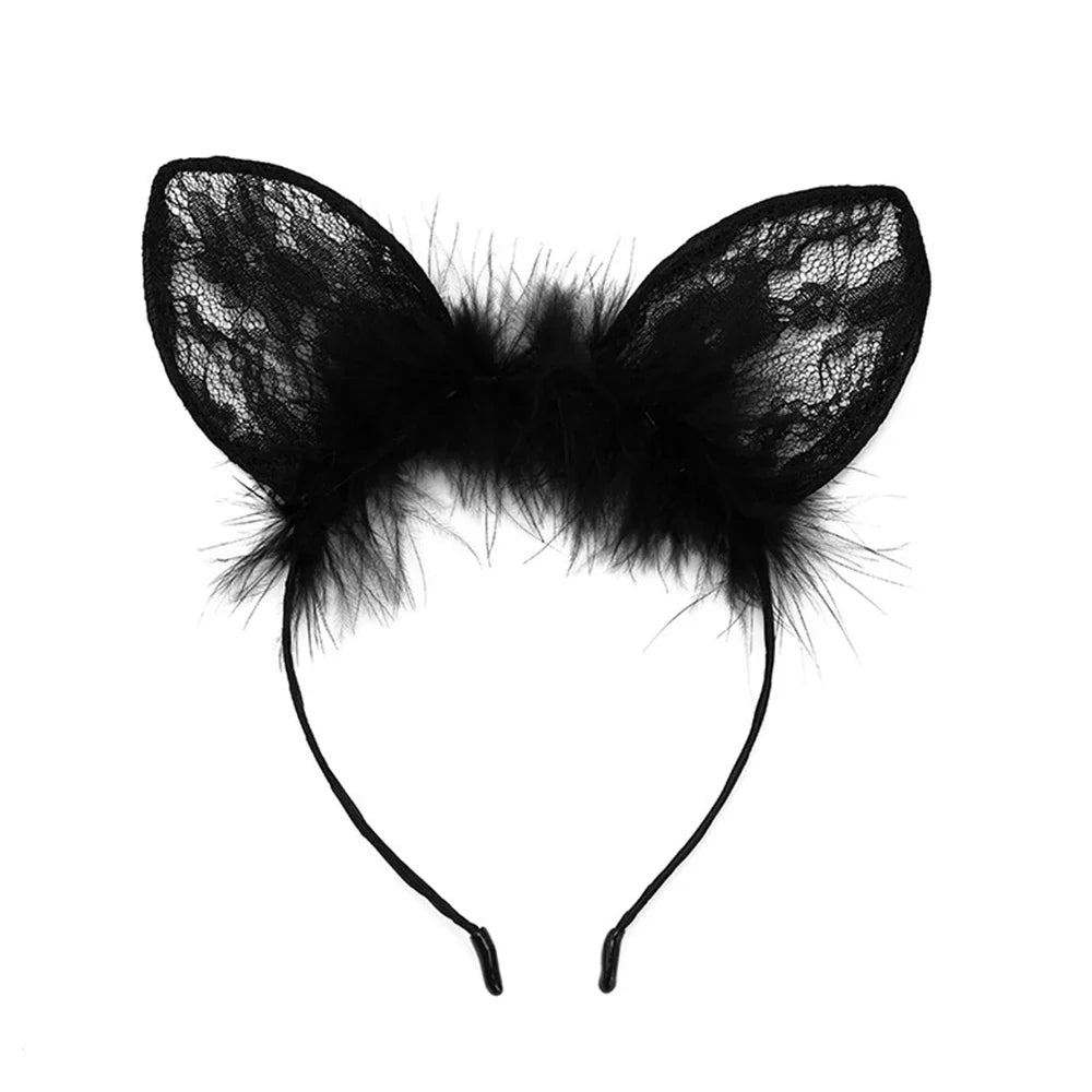 Black lace round cat ear headband with fur trim, front view