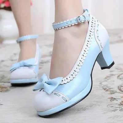 Japanese princess girl Lolita bow cute jk student round head high-heeled and sweet shoes  Vintage Sweet Lolita Shoes cos loli