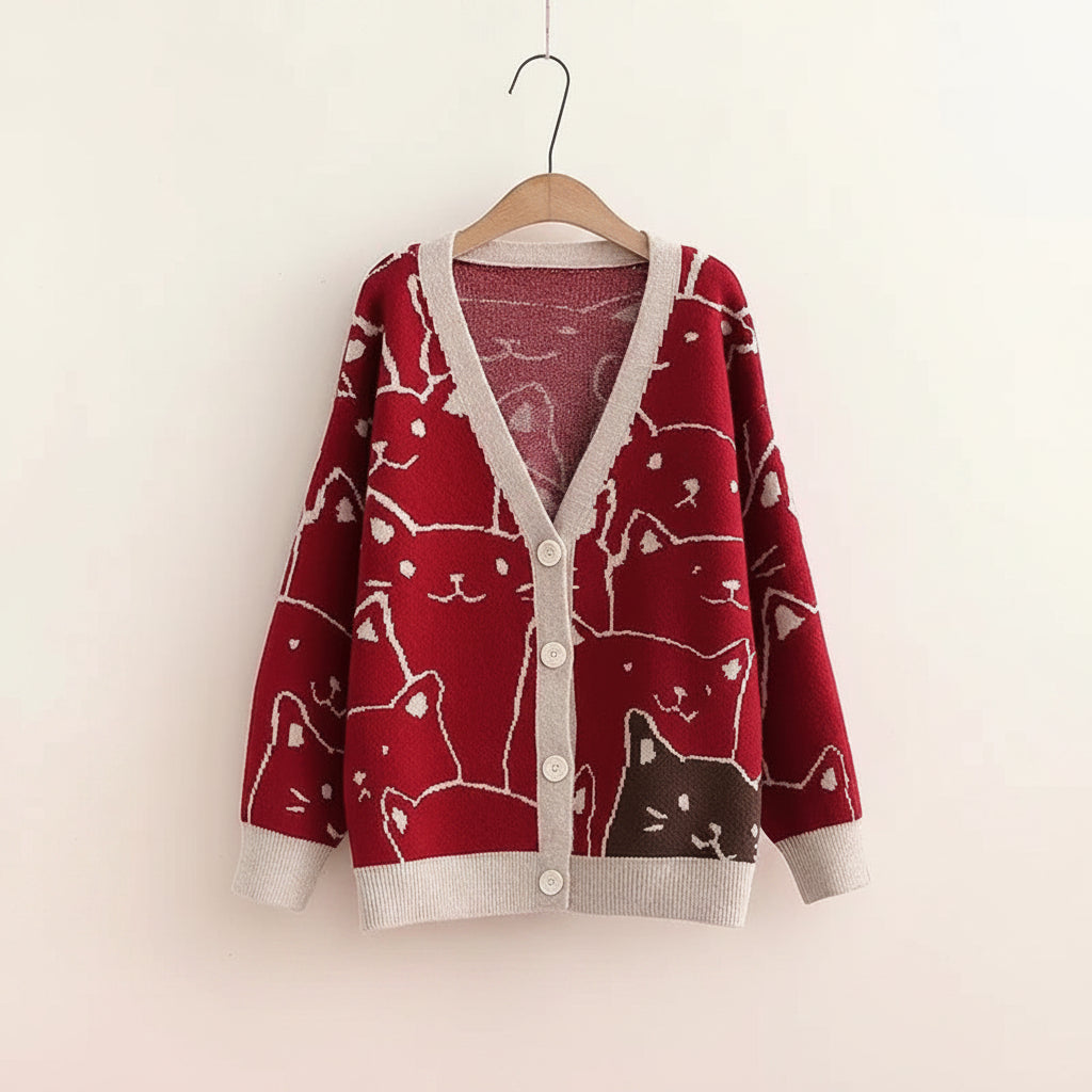 Harajuku Kawaii Cartoon V Neck Cardigan Women Cute Cat - Vusy Kawaii Shop