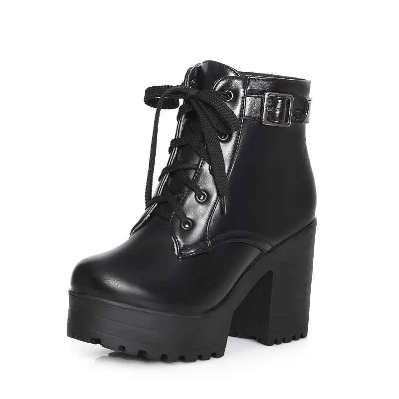 Autumn  Boots Boots Women Round Toe Buckle Shoes Women High Heel Fashion Plus Size Square Heels Lacing 3 Colors 369
