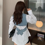 Elegant Two Piece Set Lapel Puff Sleeve Shirt Sleeveless - Vusy Kawaii Shop