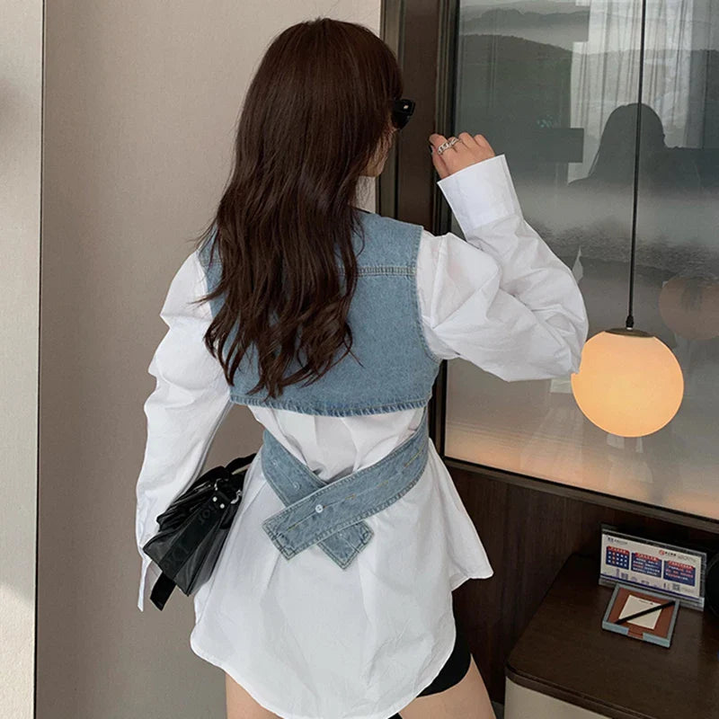 Elegant Two Piece Set Lapel Puff Sleeve Shirt Sleeveless - Vusy Kawaii Shop