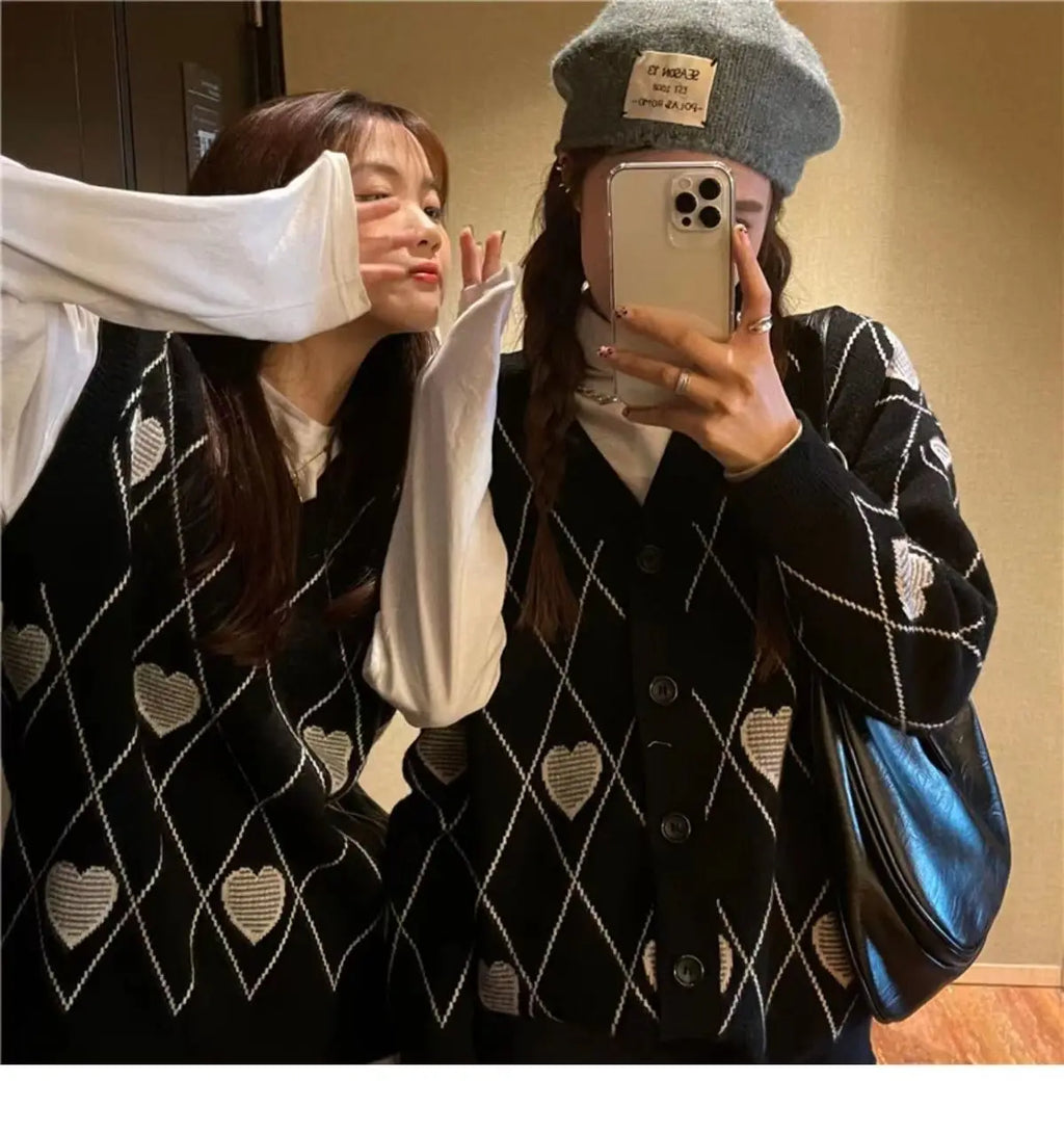 Women Heart Pattern Jacquard Sweater Long Sleeve Love Style - Vusy Kawaii Shop