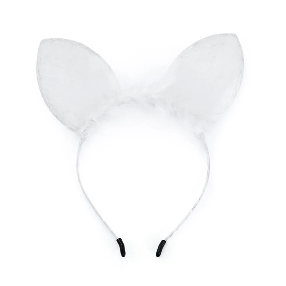 White fluffy fur cat ear headband, front view