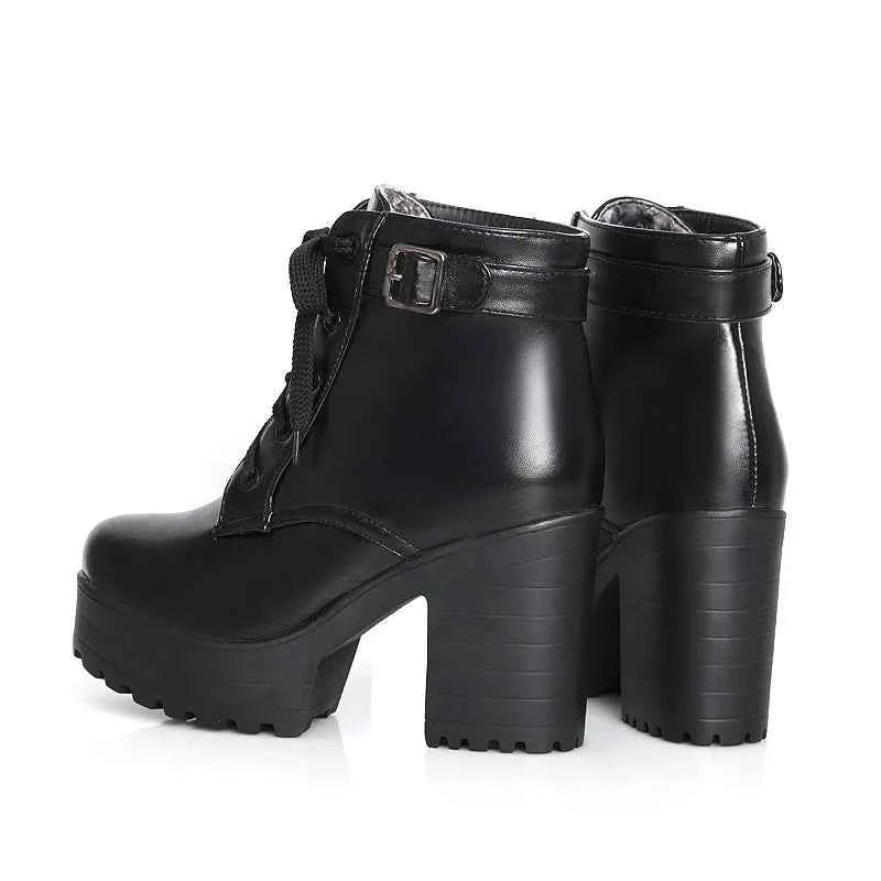 Autumn  Boots Boots Women Round Toe Buckle Shoes Women High Heel Fashion Plus Size Square Heels Lacing 3 Colors 369