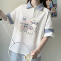 Women Preppy Summer Suit Korean Loose Print Short Sleeved T