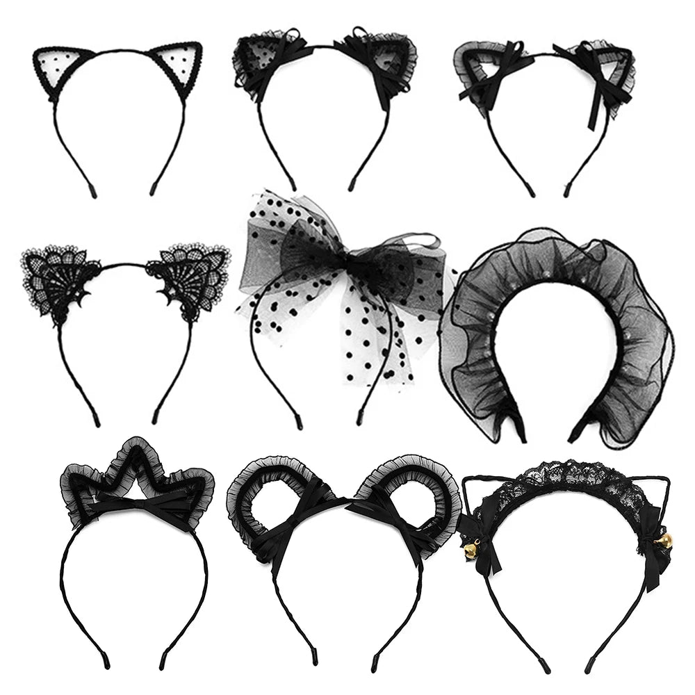 Grid of 9 black cat ear and bow headband styles on white background, flat lay