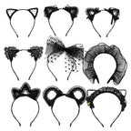 Grid of 9 black cat ear and bow headband styles on white background, flat lay