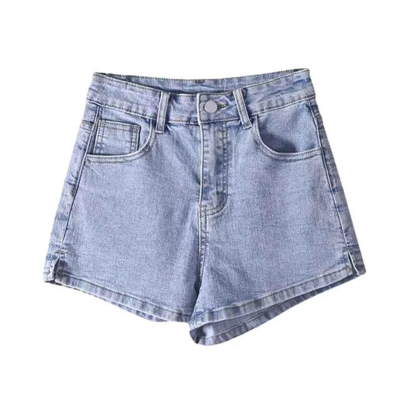 Women's Casual High-Waisted Light Blue Denim Shorts with Straight Slit Legs Versatile Korean Summer Outer Wear Hot Pants