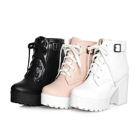 Autumn  Boots Boots Women Round Toe Buckle Shoes Women High Heel Fashion Plus Size Square Heels Lacing 3 Colors 369