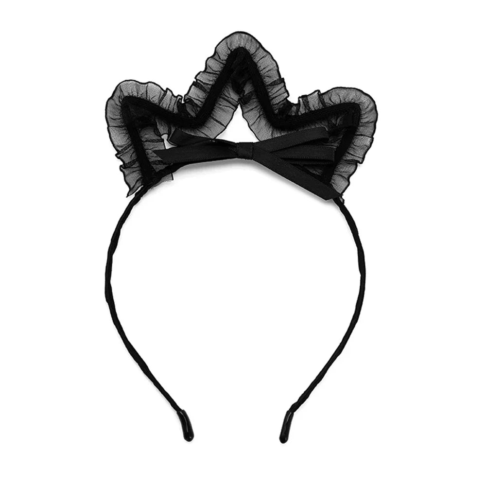 Black ruffled mesh cat ear headband with black satin bow, front view