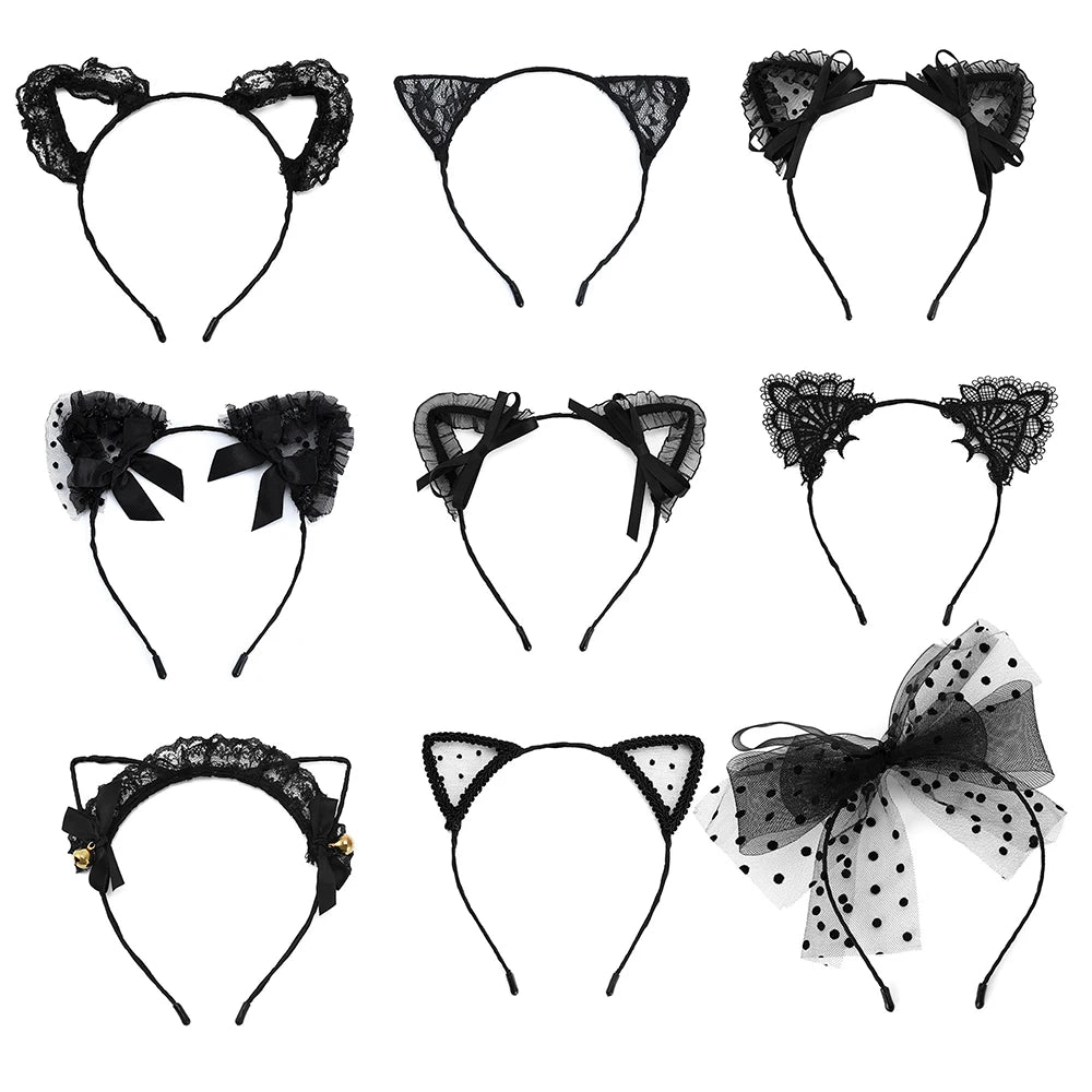 Grid of 9 black lace and tulle cat ear headband styles, flat lay on white