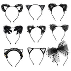Grid of 9 black lace and tulle cat ear headband styles, flat lay on white