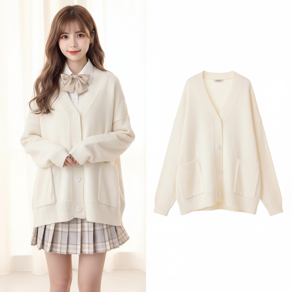 Damen Cardigan Uni Oversize Loose Pullover Studenten Preppy