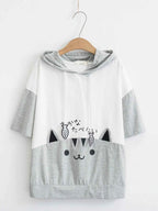Sweet Girl Cute Cat Big Pocket Demon Short Sleeve Hoodie
