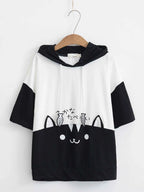 Sweet Girl Cute Cat Big Pocket Demon Short Sleeve Hoodie