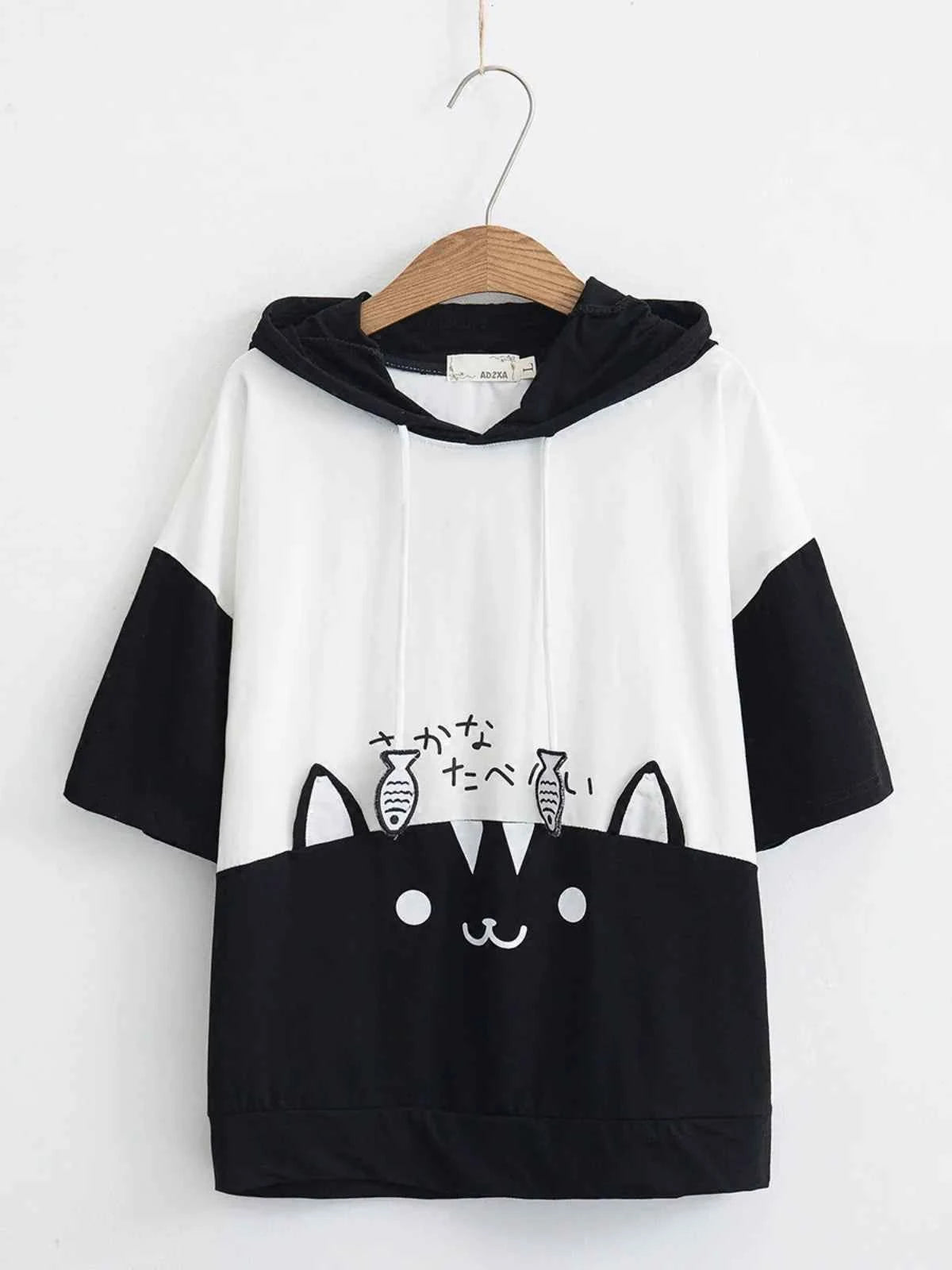 Sweet Girl Cute Cat Big Pocket Demon Short Sleeve Hoodie