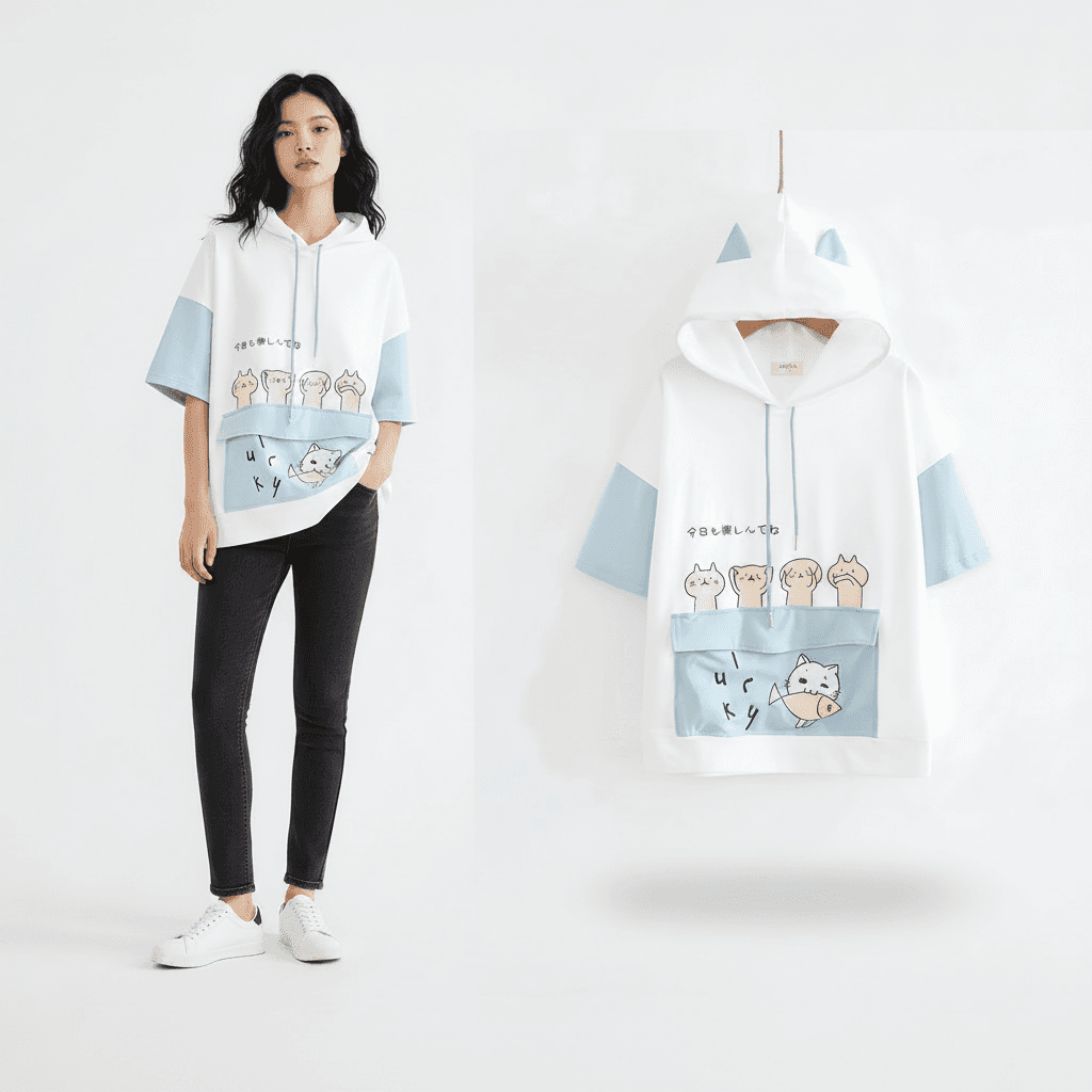 Harajuku-Stil Kurzarm Mittelschul-Kapuzenpullover Locker