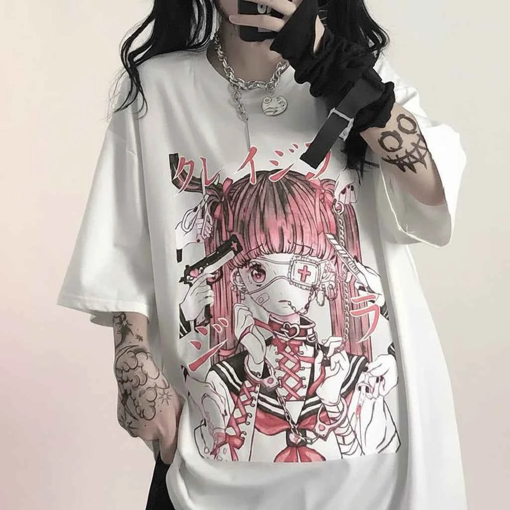 Black, Short Sleeve Harajuku Style Retro Animation T-Shirt