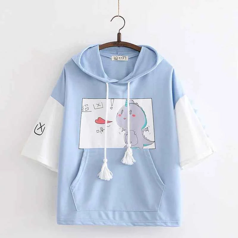 Sweet Girl Cute Cat Big Pocket Demon Short Sleeve Hoodie