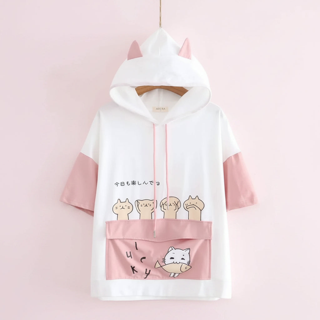 Harajuku Style Short Sleeve Junior High School Hoodie Loose
