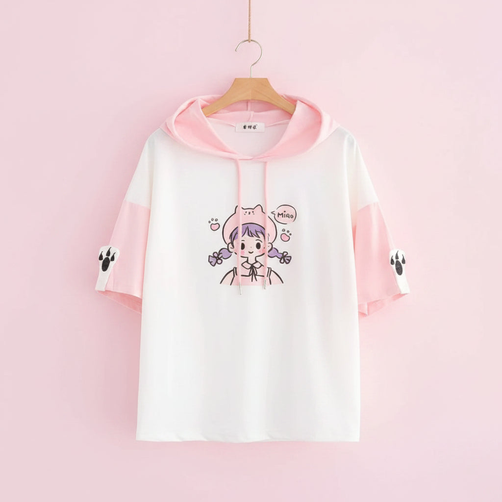 Harajuku Style Short Sleeve Junior High School Hoodie Loose