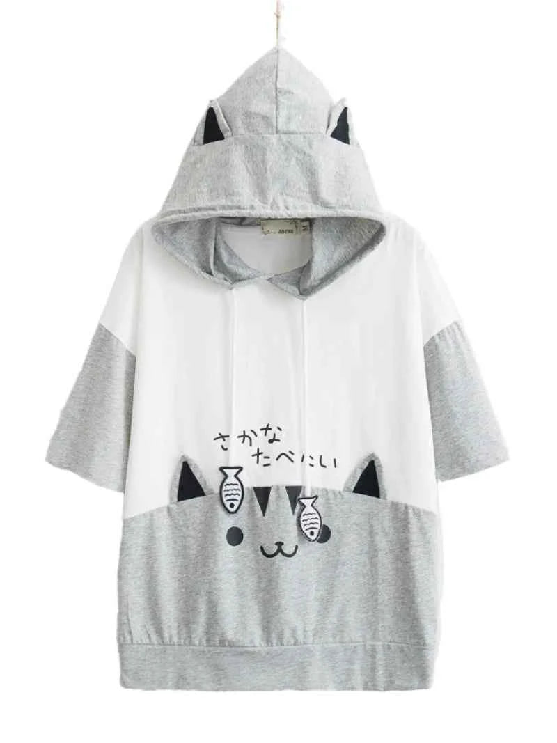 Sweet Girl Cute Cat Big Pocket Demon Short Sleeve Hoodie