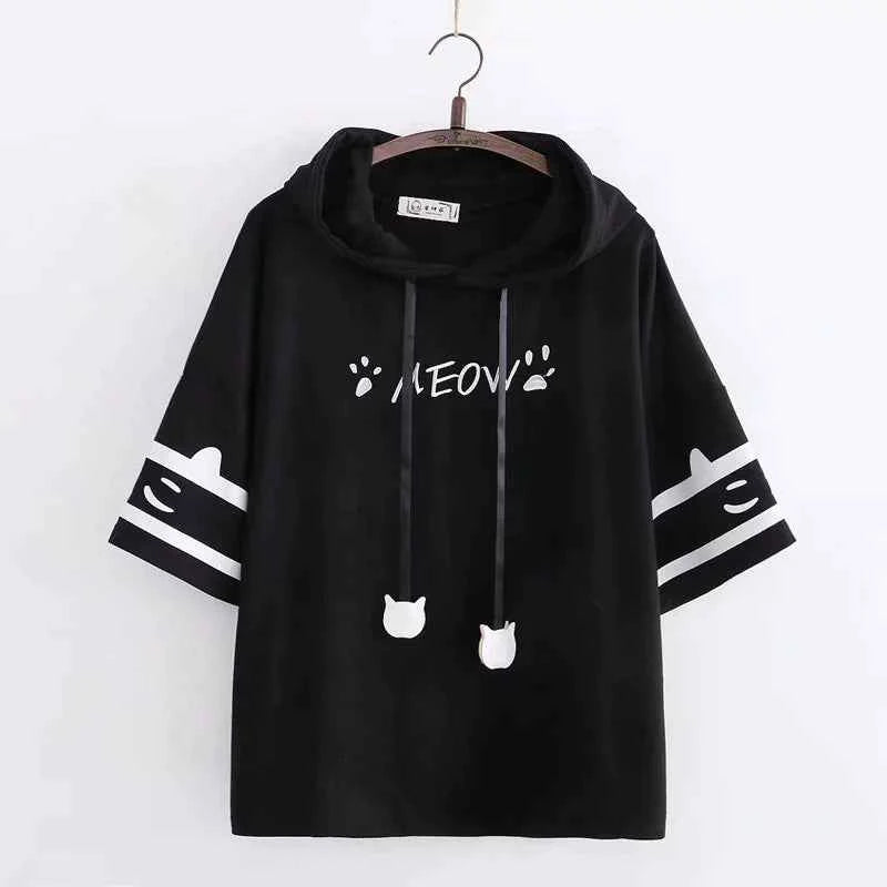 Sweet Girl Cute Cat Big Pocket Demon Short Sleeve Hoodie