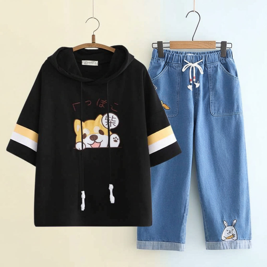 Women's Japanese-Style Simple Cute Embroidered Short-Sleeve