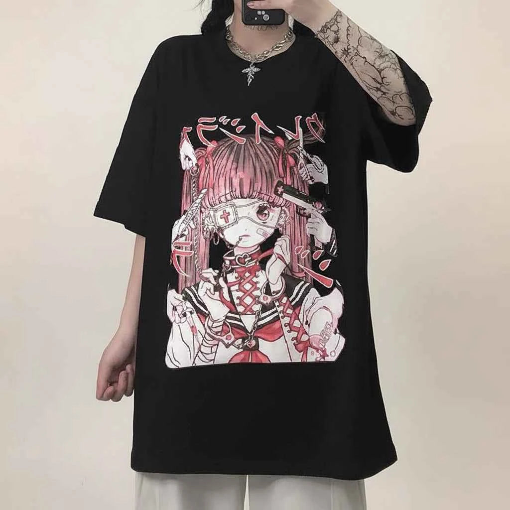 Black, Short Sleeve Harajuku Style Retro Animation T-Shirt