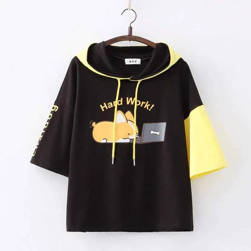 Sweet Girl Cute Cat Big Pocket Demon Short Sleeve Hoodie