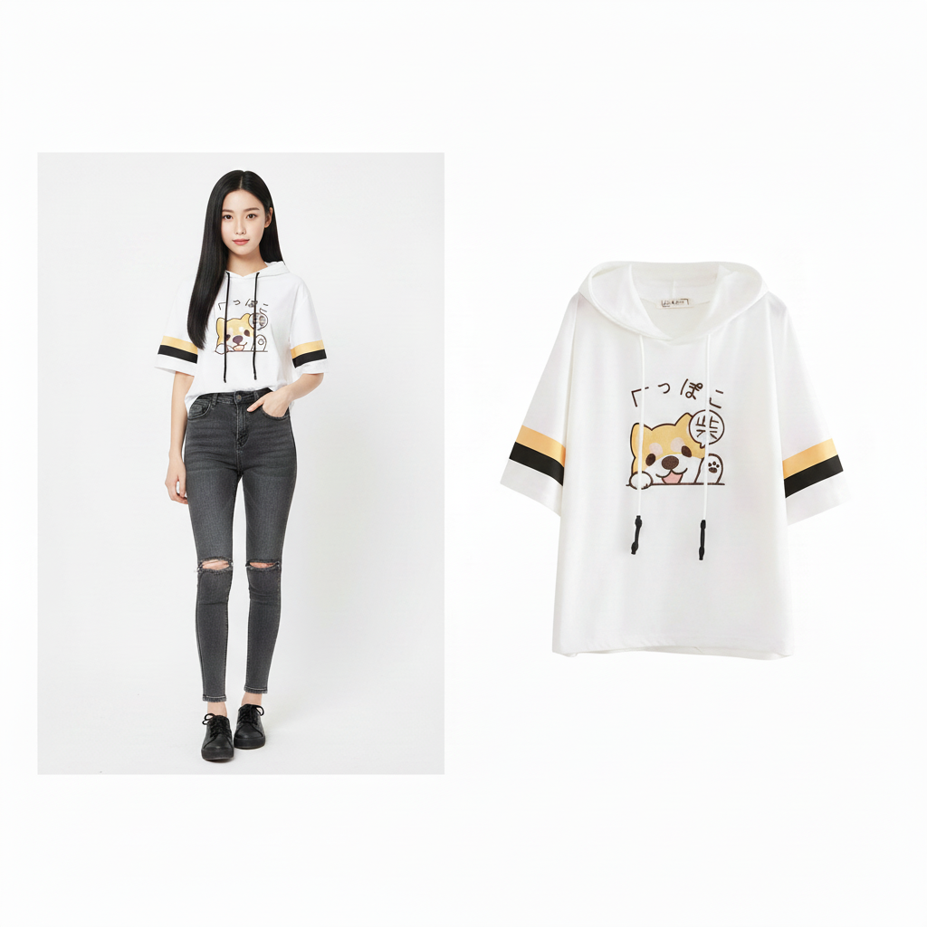 Damen Kurzarmshirt mit einfacher niedlicher Stickerei im japanischen Stil