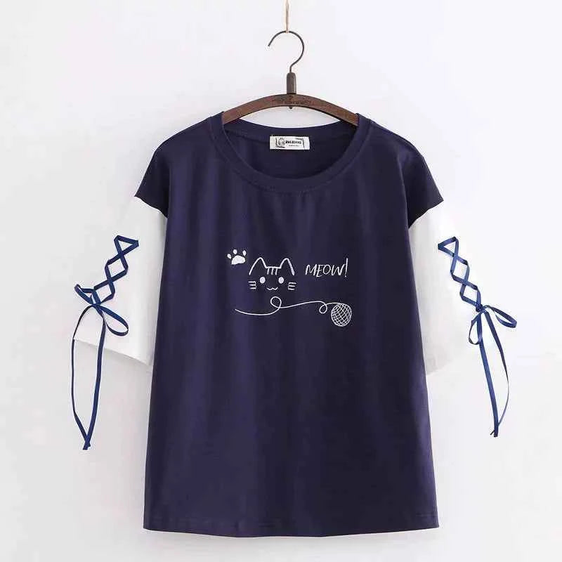 Sweet Girl Cute Cat Big Pocket Demon Short Sleeve Hoodie