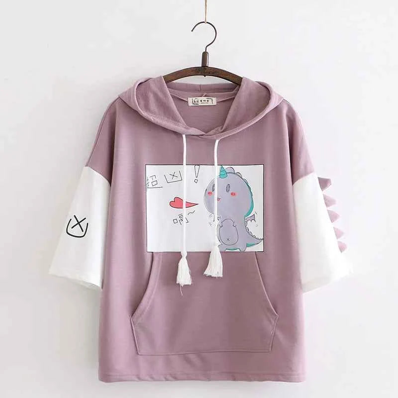 Sweet Girl Cute Cat Big Pocket Demon Short Sleeve Hoodie
