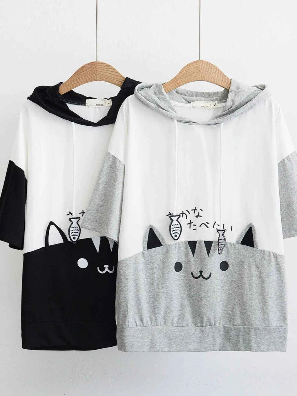 Sweet Girl Cute Cat Big Pocket Demon Short Sleeve Hoodie