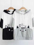 Sweet Girl Cute Cat Big Pocket Demon Short Sleeve Hoodie