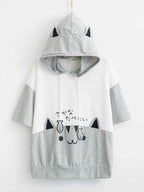 Sweet Girl Cute Cat Big Pocket Demon Short Sleeve Hoodie