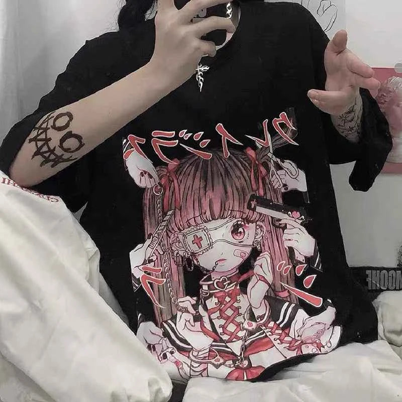 Black, Short Sleeve Harajuku Style Retro Animation T-Shirt