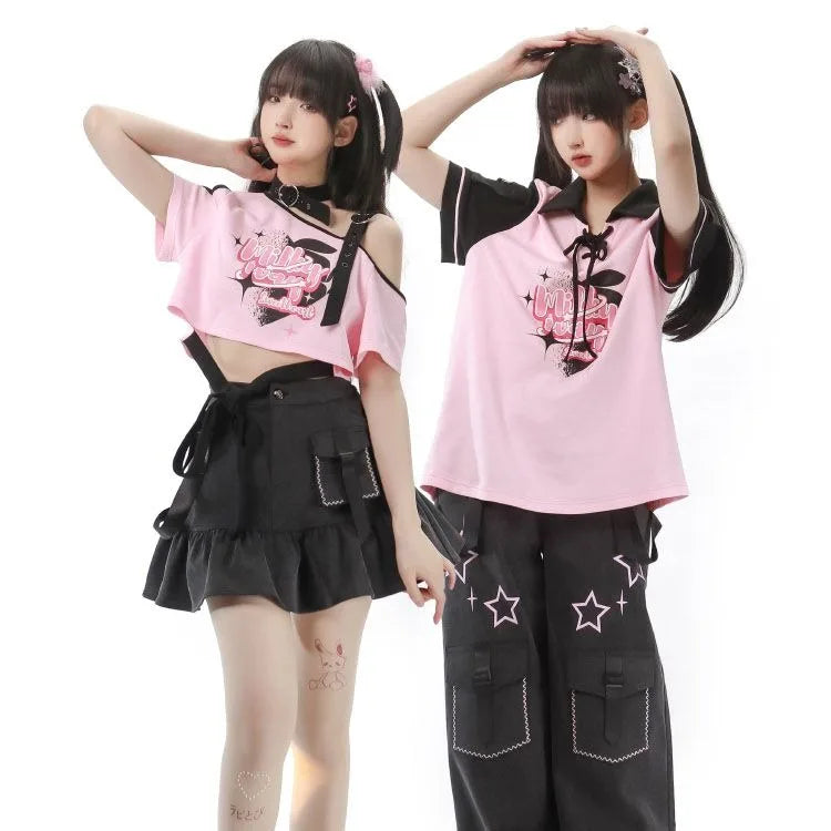 American Sexy Hollow Out Black Pink T-Shirts Summer Print - Vusy Kawaii Shop