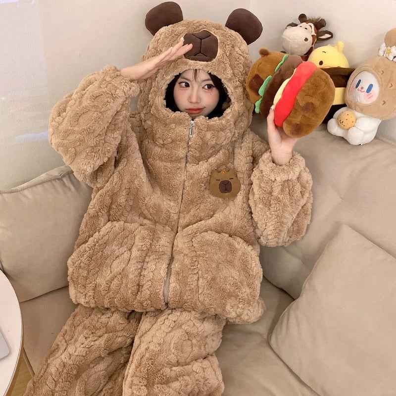 Sanrios My Melody Women's Pajamas Anime Kawaii Pompom Purins Coral Velvet Thickened Cute Hooded Zipper Home Wear Nightgown Suit